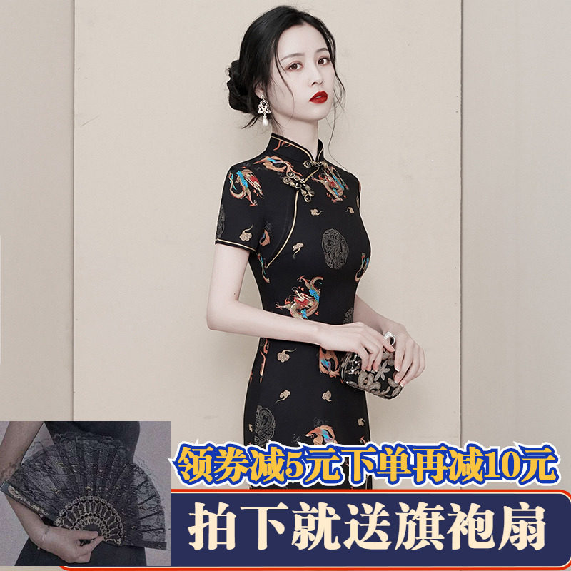 蚀骨旗袍中国风年轻款少女日常复古修身性感改良版黑色连衣裙短款