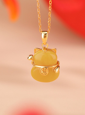 悦宝珠宝S925纯银镀金蜜蜡复古国风福字招财猫吊坠新中式气质挂坠