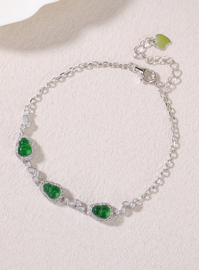 悦宝珠宝天然翡翠S925纯银葫芦叶子镶嵌手链女时尚轻奢高级感手饰