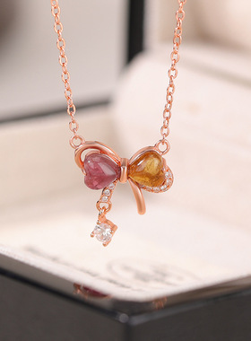 悦宝珠宝彩色碧玺S925纯银镀玫瑰金蝴蝶结气质百搭韩系银吊坠项链