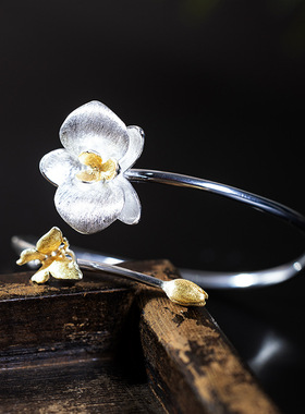 素十八s925银原创设计新中式兰花手镯女时尚个性蝴蝶兰手环手饰品