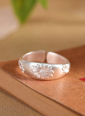 人品银品 足银999.9时尚轻奢小众向日葵指环简约小清新开口戒指