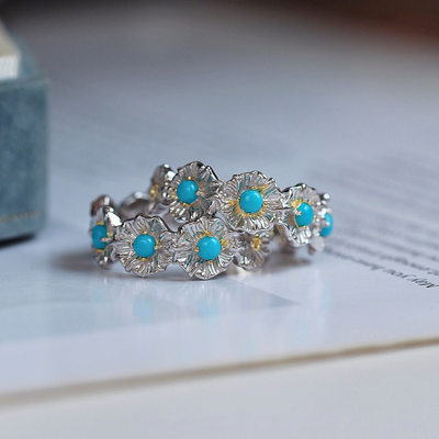 天然原矿绿松石小雏菊纯银戒指s925银镶美国睡美人儿蓝松中性戒指