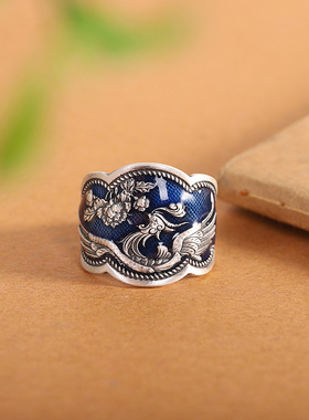 足银999烧蓝牡丹花凤凰戒指复古民族风开口古风开口戒子