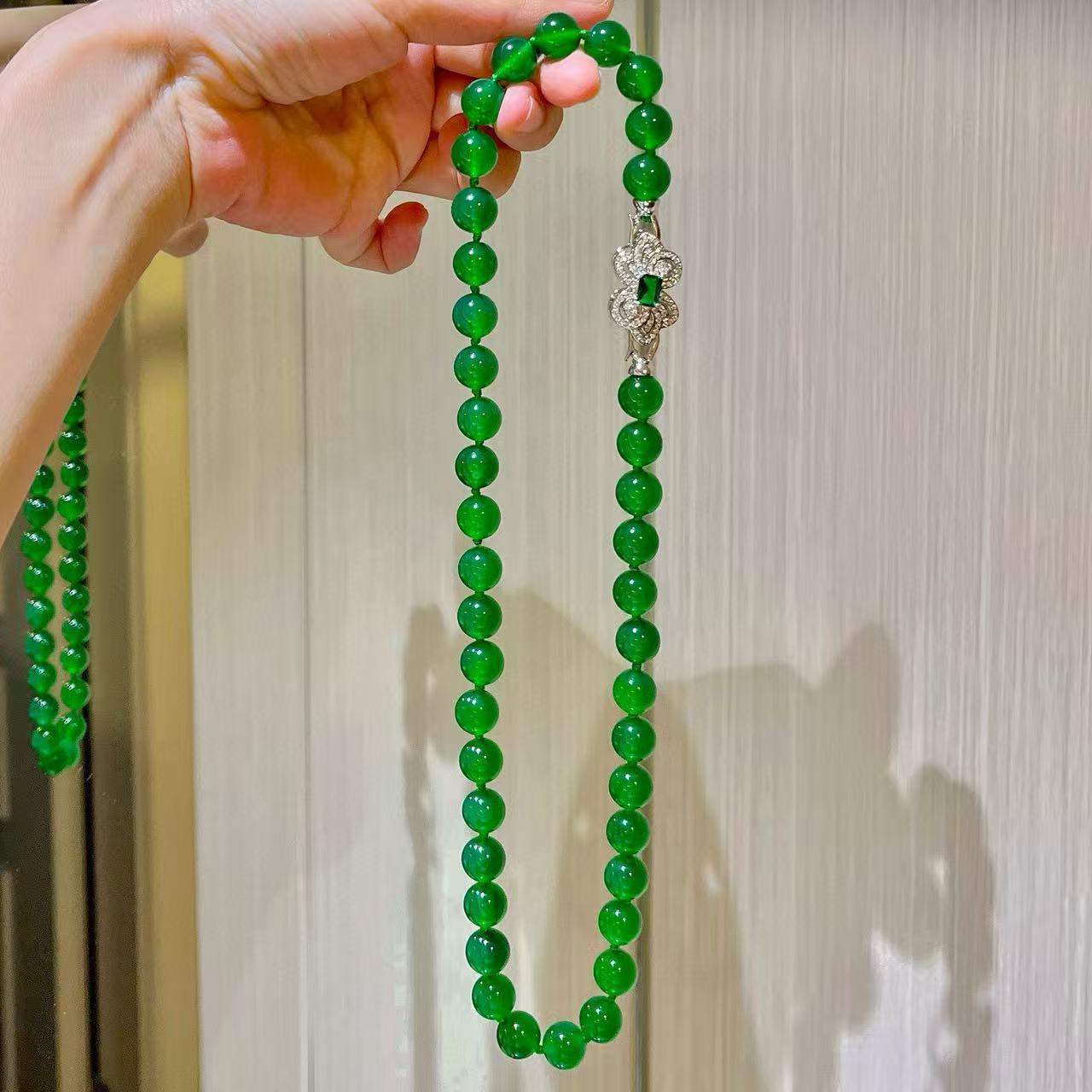 10mm高品质冰透帝王绿天然绿玉髓玛瑙项链锁骨链