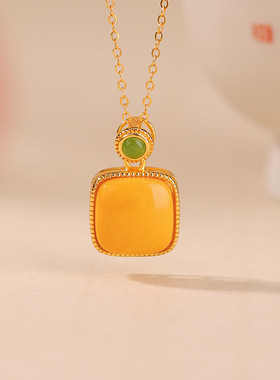 悦宝珠宝和田玉S925纯银镀金碧玉蜜蜡方形齿纹几何简约银吊坠工厂