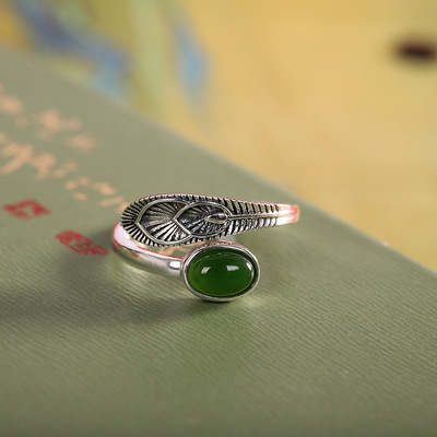 人品银品S925银镶和田碧玉戒指开口做旧凤尾指环戒子文艺复古手饰