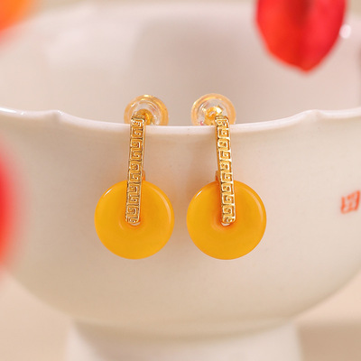 悦宝珠宝蜜蜡S925纯银镀金回纹平安扣耳钉气质轻奢几何银耳饰定制