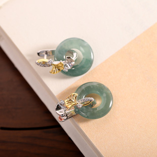人品银品S925银镶嵌翡翠简约时尚幸运扣女式翡翠耳扣杏福耳环