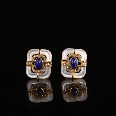 人品银品 s925纯银镀金青金石白贝母耳钉 时尚几何女士简约耳饰