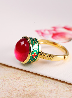 源头厂货 s925银饰品民族风女士烧蓝珐琅彩红刚玉戒指 开口