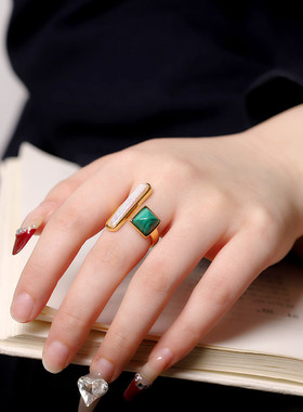 人品银品S925银孔雀石淡水珍珠几何戒指ins冷淡风开口可调节指环
