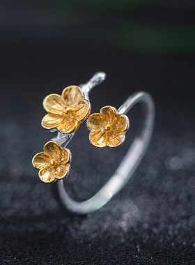 素十八s925银原创设计国潮复古花卉指环女时尚简约梅花枝活口戒指