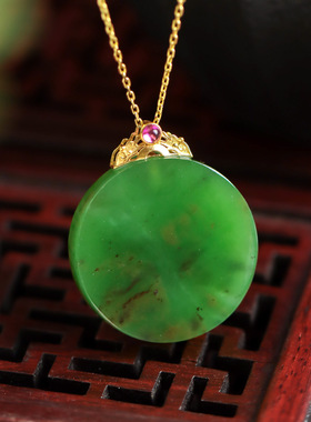 熹瑞18K金镶嵌和田玉碧玉圆牌吊坠无事牌国潮国风气质女款项链