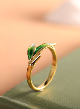 人品银品S925烧蓝竹叶戒指开口银镀金女士食指戒小众设计指环