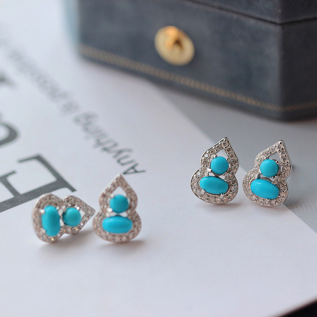 天然原矿美国绿松石耳钉s925银睡美人儿蓝松耳钉美松葫芦耳钉