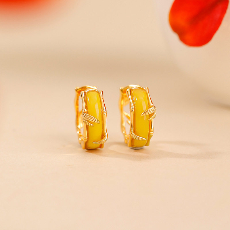悦宝珠宝蜜蜡S925纯银镀金竹节竹叶弯管秋冬高级感银耳夹耳环定制
