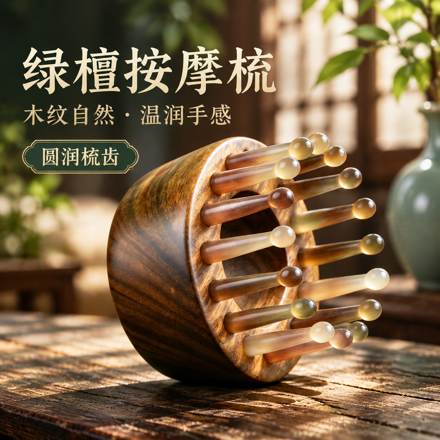 绿檀牛角圆环头皮经络按摩梳
