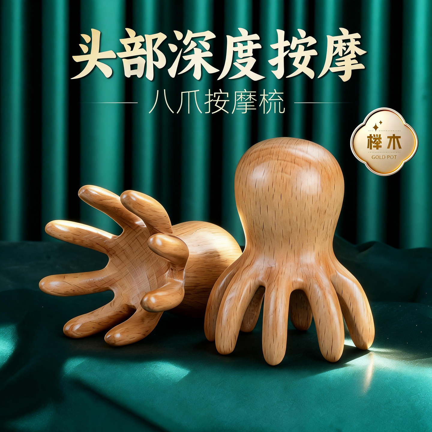 天然榉木八爪大章鱼按摩梳头部头皮深度按摩舒活筋骨头疗宽齿便携
