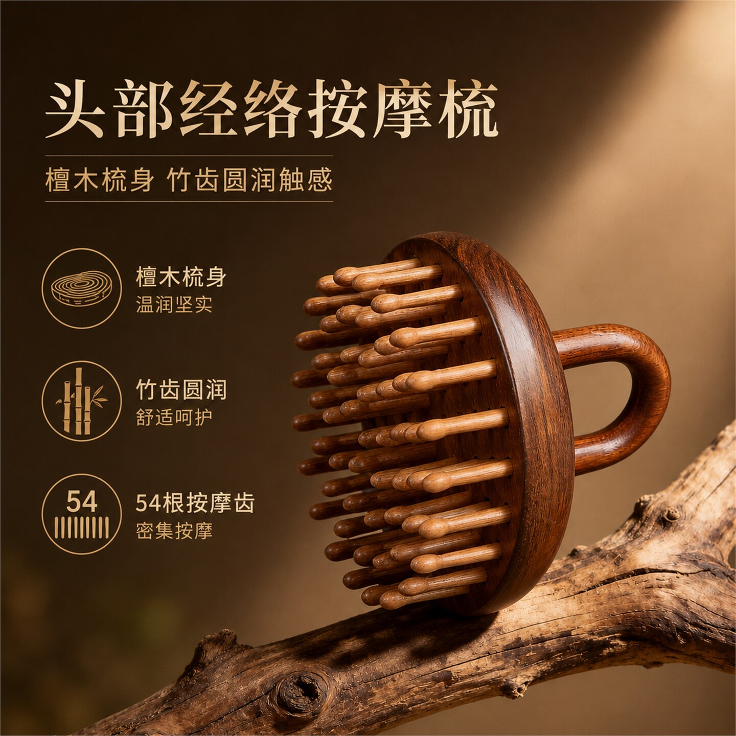 檀木54齿圆盘指环按摩梳