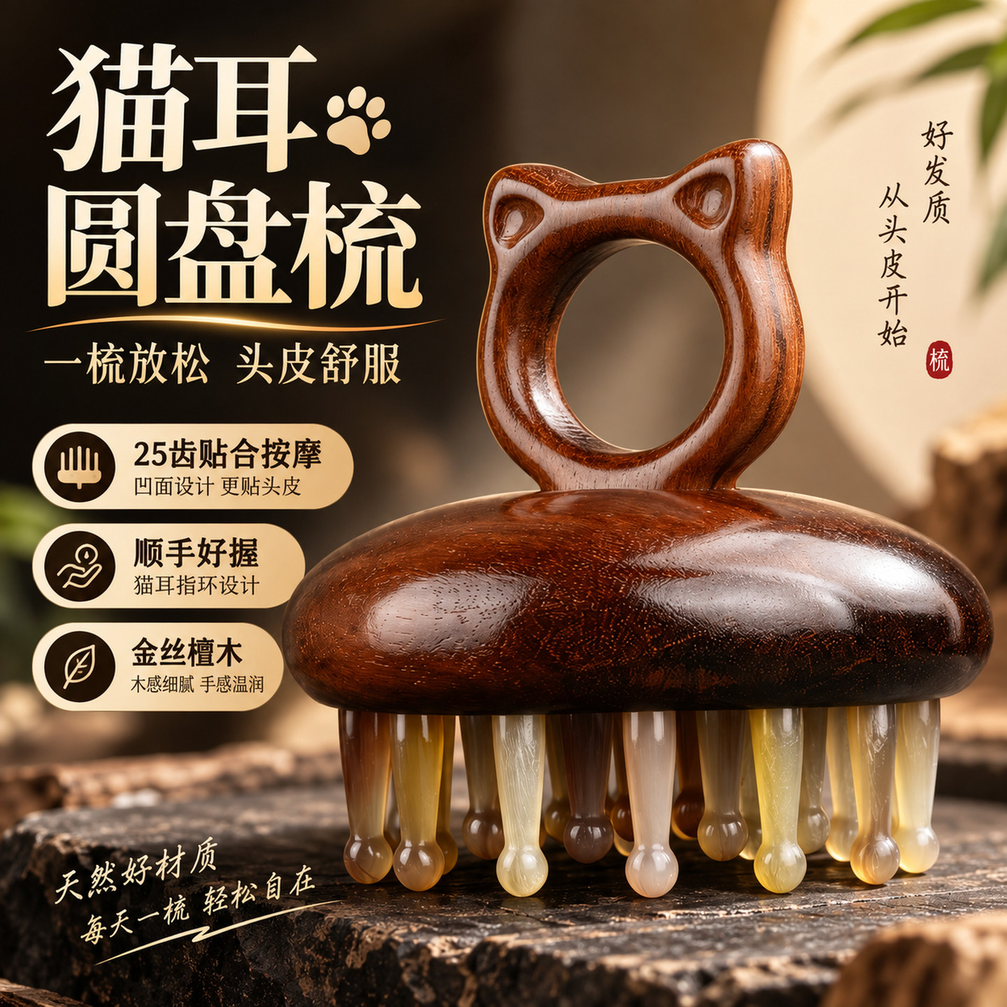 猫耳牛角齿檀木头皮经络按摩梳