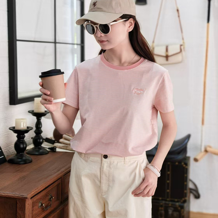 保罗彼得专柜正品新款女士夏装圆领短袖T恤粉嫩显白条纹TBEB43391