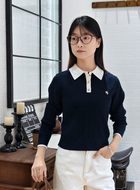 保罗彼得专柜正品女士长袖绞花翻领撞色针织衫保暖舒适LLECZ00823