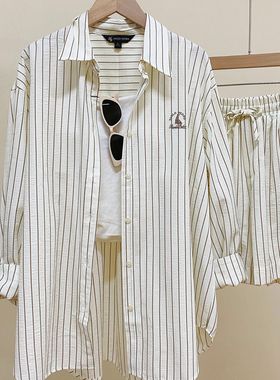 2件套-保罗彼得专柜 女式翻领长袖衬衫短裤套装 泡泡纱CWFAD00030