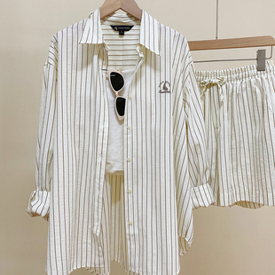 2件套-保罗彼得专柜 女式翻领长袖衬衫短裤套装 泡泡纱CWFAD00030