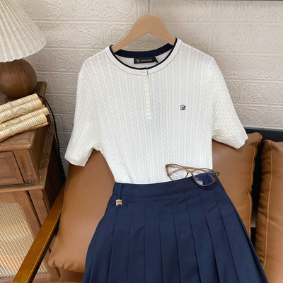 女式圆领针织短袖 保罗彼得专柜正品新款套头上衣绞花JAFAZ01112