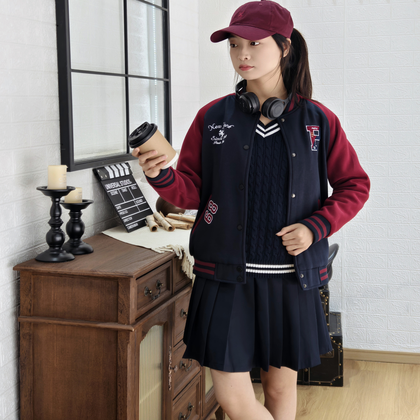 女士复古学院风棒球服