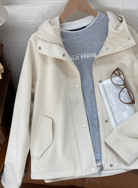 保罗彼得专柜正品女士米白色连帽外套麂皮外套休闲百搭YNECU00141