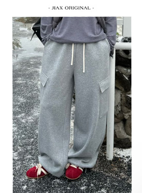 UPONE2025秋冬工装口袋加绒加厚休闲卫裤女ins韩版抽绳阔腿裤长裤