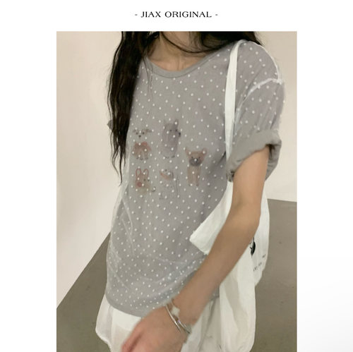 umbriel 春夏卡通印花拼接网纱设计感短袖t恤女ins韩版小众上衣