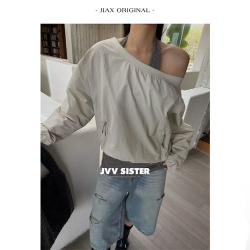 JVV 早春斜肩挂脖露肩假两件长袖上衣女ins韩系宽松速干料卫衣