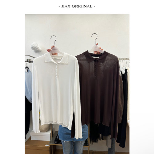 WAIT 春夏纯色翻领微透网纱长袖T恤女ins韩版小众打底衫上衣