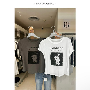 umbriel 春夏复古美式图案印花圆领短袖t恤女ins韩版薄款休闲上衣