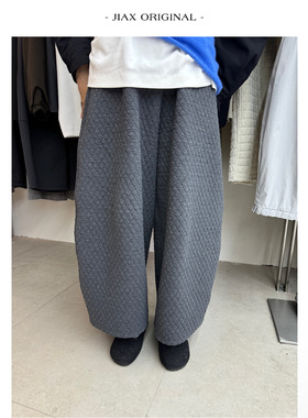 UPONE2025秋冬菱格纹涧棉加厚休闲裤女ins韩版宽松显瘦阔腿弯刀裤