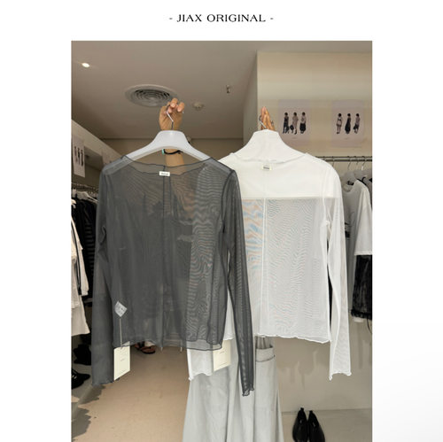 JIAX 春夏简约小字母标网纱打底上衣女ins韩版薄款透视叠穿t恤