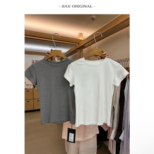 JIAX 春夏简约纯色基础款圆领短袖t恤女ins修身弹力休闲正肩上衣