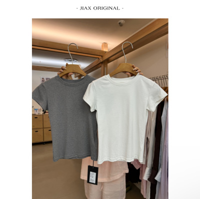 JIAX 春夏简约纯色基础款圆领短袖t恤女ins修身弹力休闲正肩上衣