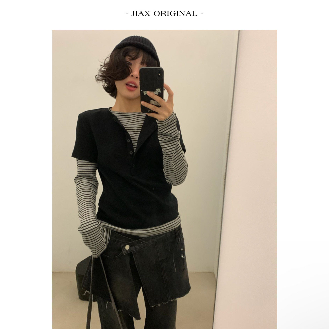 umbriel 秋季拼接撞色拼接设计感上衣女ins韩版显瘦系扣假两件t恤图片