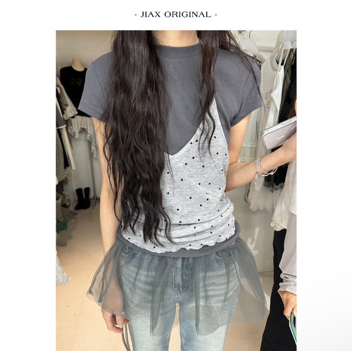 JIAX 春夏波点挂脖吊带背心+圆领短袖t恤女ins韩系显瘦减龄两件套