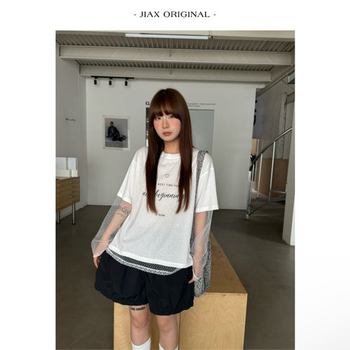 UPONE 春夏字母印花拼接网纱长袖t恤女ins韩版宽松减龄假两件上衣