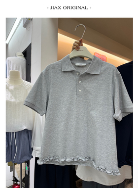 UPONE 2025春夏木耳边翻领短袖polo衫女ins韩版休闲小众上衣T恤