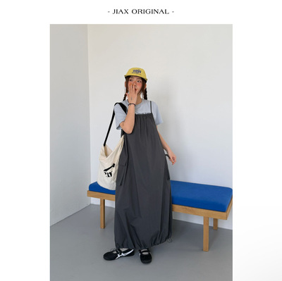 UPONE 春季日系工装口袋吊带连衣裙女ins韩版抽绳下摆叠穿中长裙