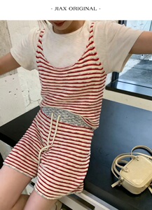 AT 2024春夏新款复古撞色条纹外搭吊带女抽绳短裤ins韩版针织套装