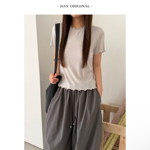 UPONE 春夏简约纯色木耳边短袖T恤女ins韩版小众休闲薄款打底上衣