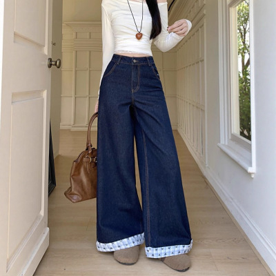 【韩牛】小个子胖妹妹mm梨形身材字母刺绣蝴蝶结拼接直筒牛仔裤女