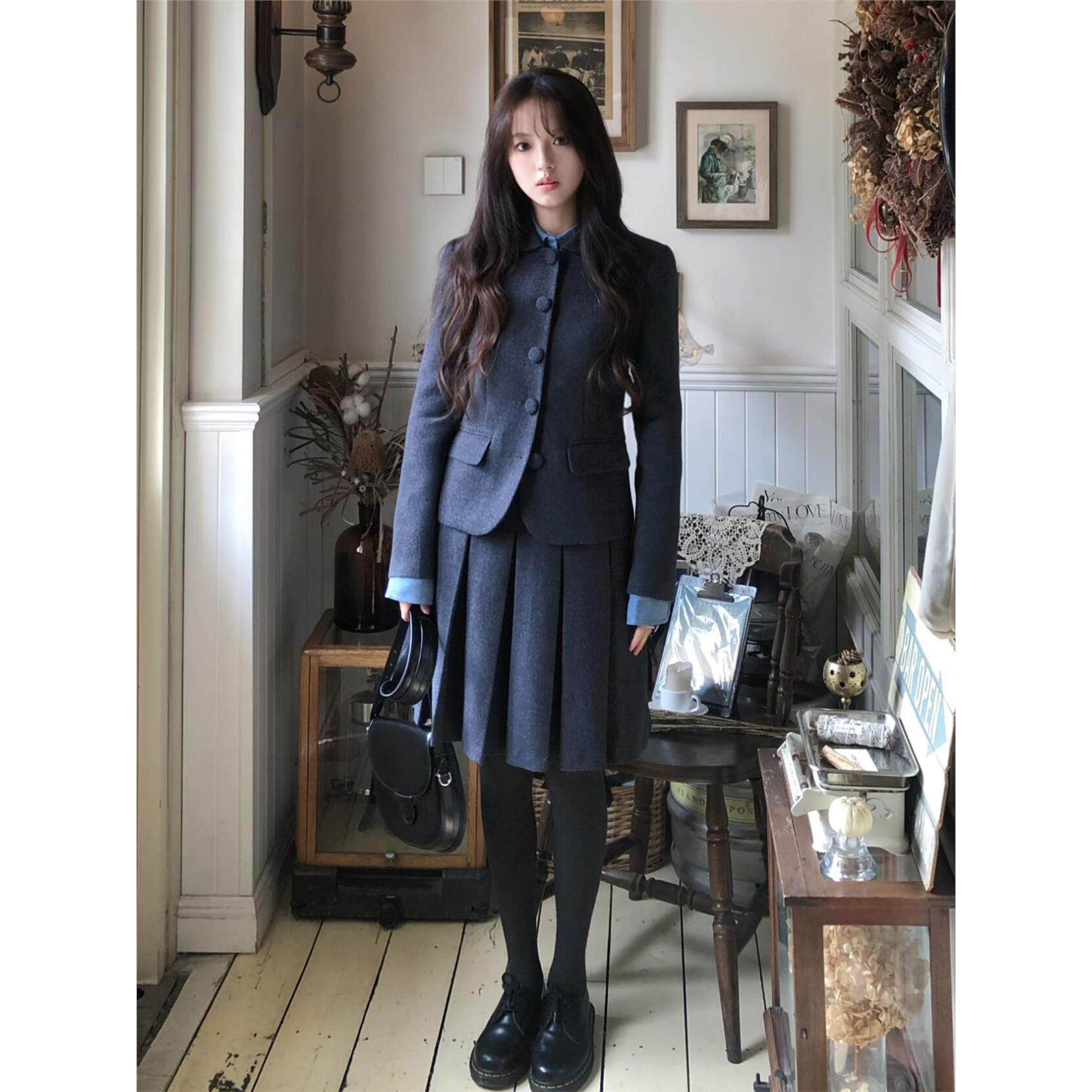 韩系学院风灰色西装套装裙子女秋冬季2025新款小个子巨好看一整套